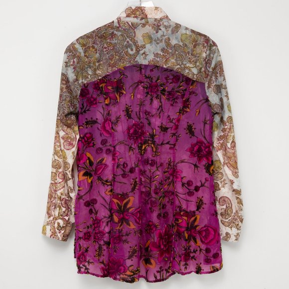 Aratta Blouse Button Front Top Paisley Floral Mix Media Brown Wine Size Small - Picture 2 of 7
